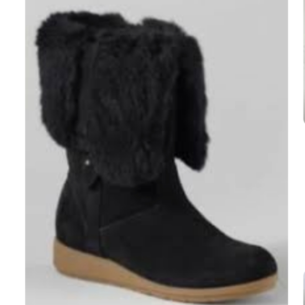 Lands End Mendota Suede Fur Trim Mini Wedge Boots in  Brown.